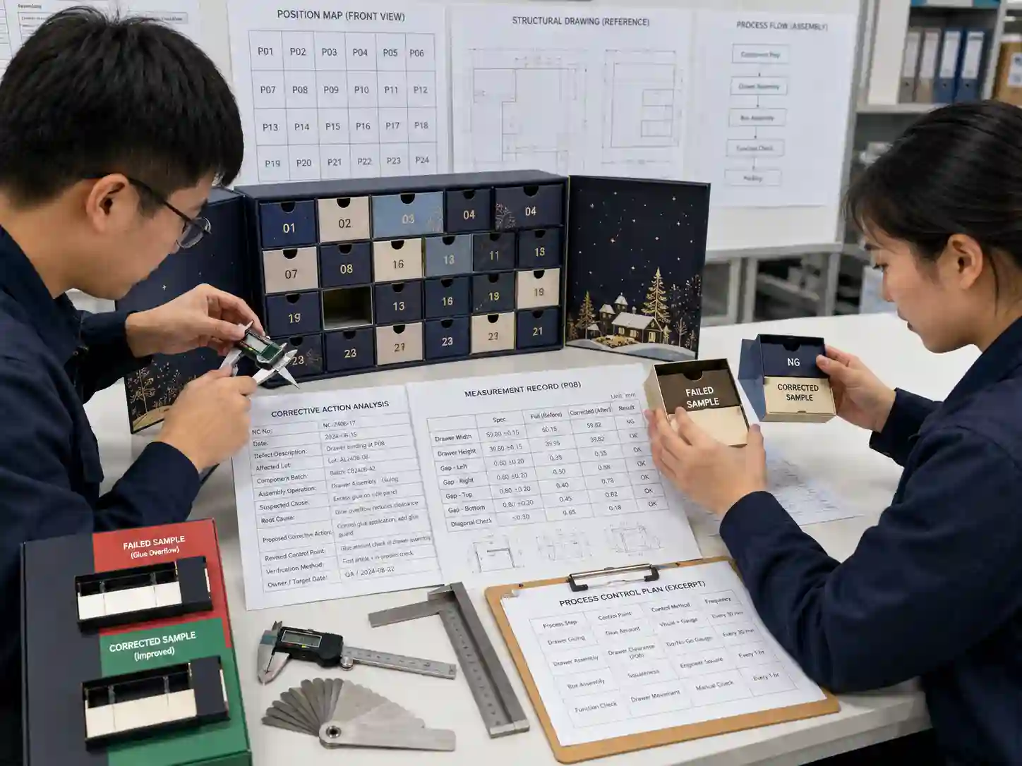 Packaging engineers investigating a failed advent calendar inspection and verifying corrective action with measurements.