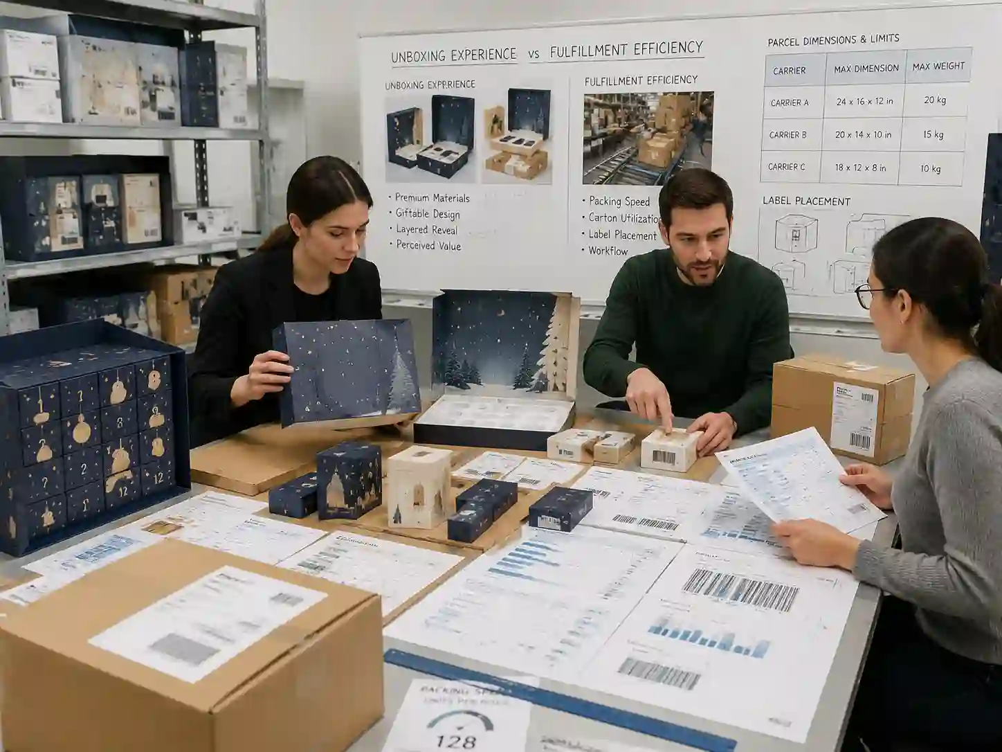 Packaging specialists reviewing how advent calendar unboxing design balances fulfillment efficiency, carton planning, and retail requirements.