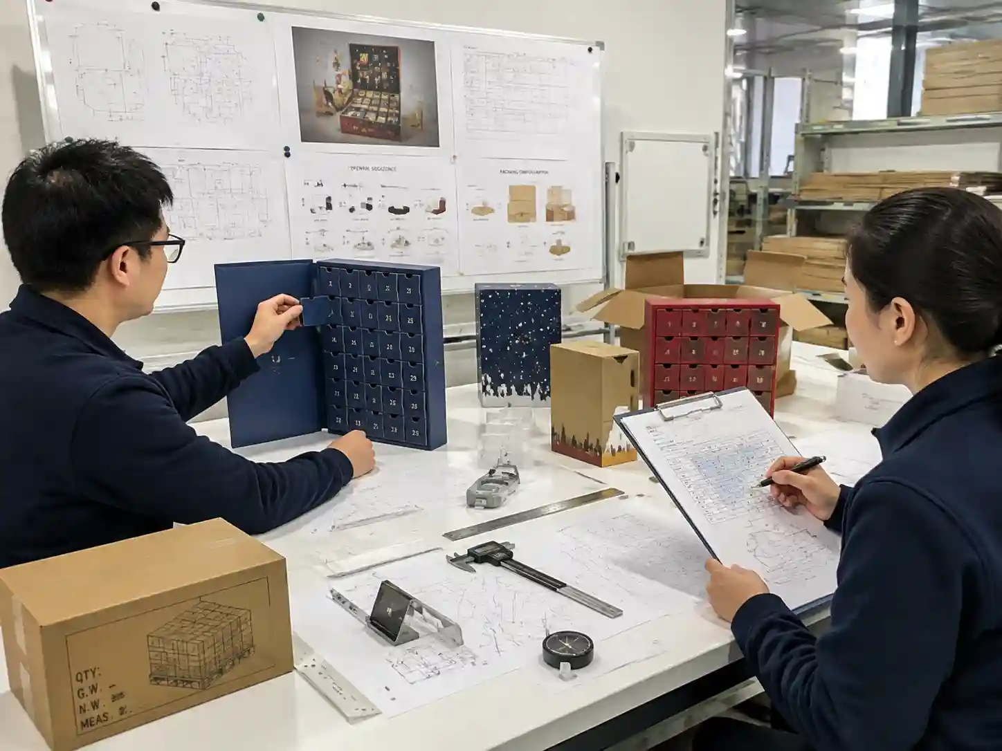 Packaging engineers testing advent calendar samples to balance customer unboxing experience with efficient fulfillment processes.
