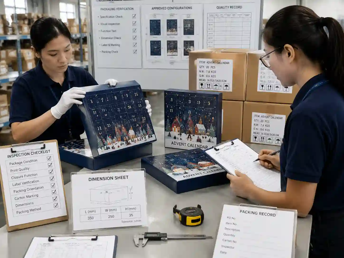 Quality inspectors verifying advent calendar packaging records, measurements, and fulfillment-ready configurations.