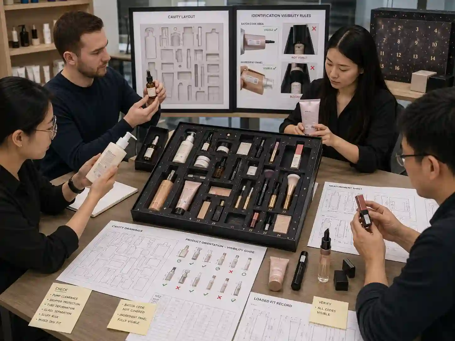Packaging specialists reviewing batch code and ingredient label visibility in a mixed-SKU beauty advent calendar.