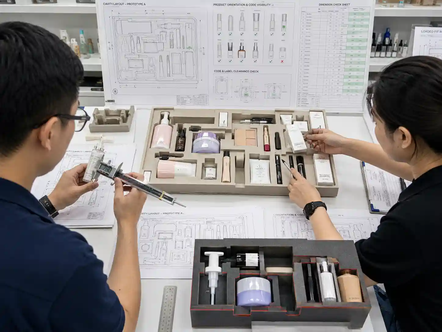 Packaging engineers testing cavity fit and product orientation to preserve beauty product batch code label visibility.