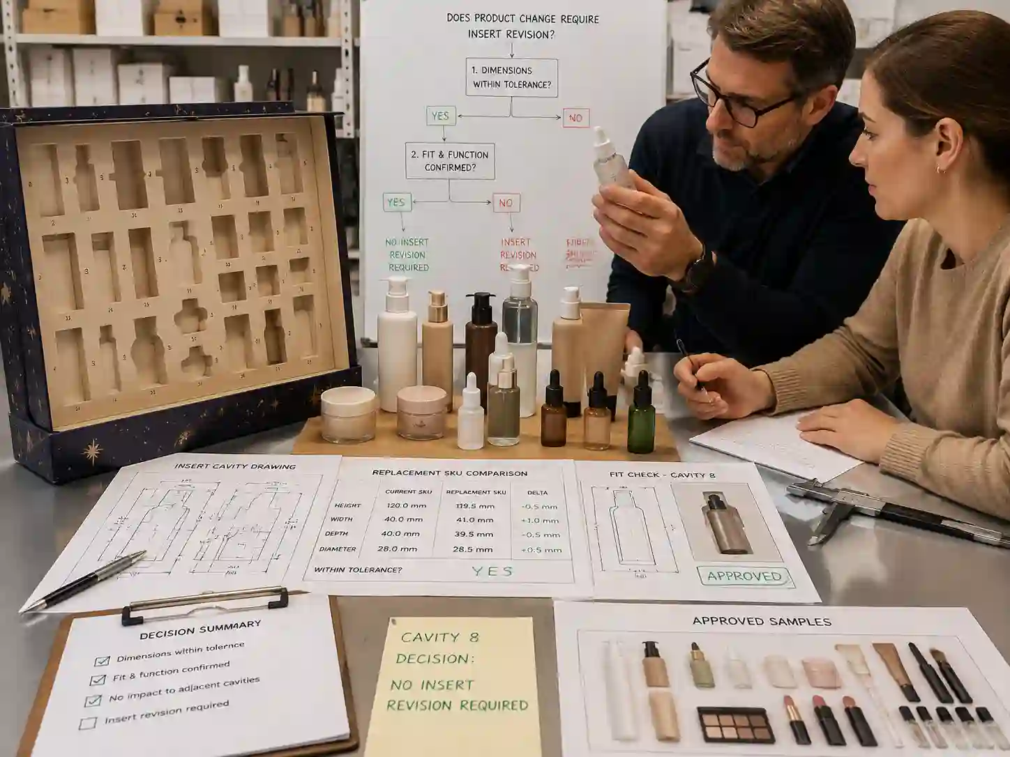 Packaging specialists reviewing beauty product changes and insert revision requirements