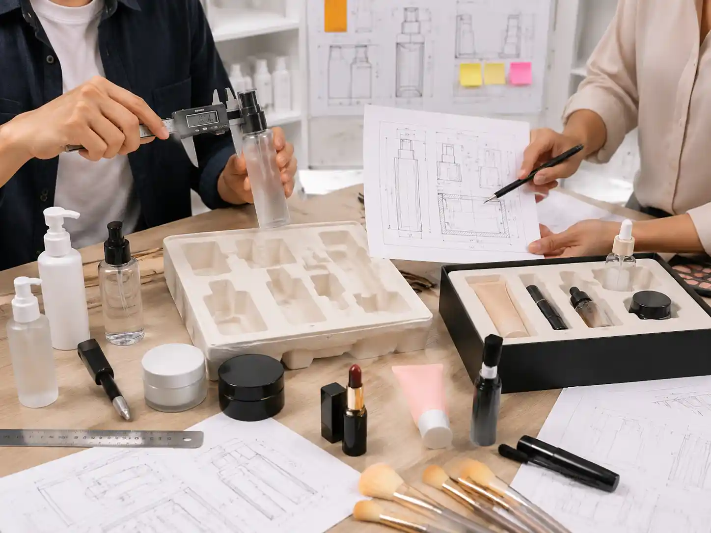 Packaging engineers measuring beauty products for insert revision testing