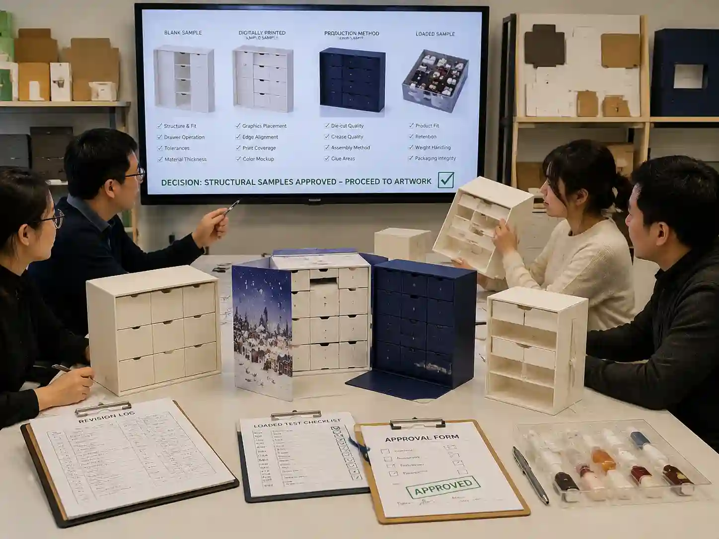 Packaging team reviewing blank structural samples, loaded samples, revision records, and approval documents before artwork begins.