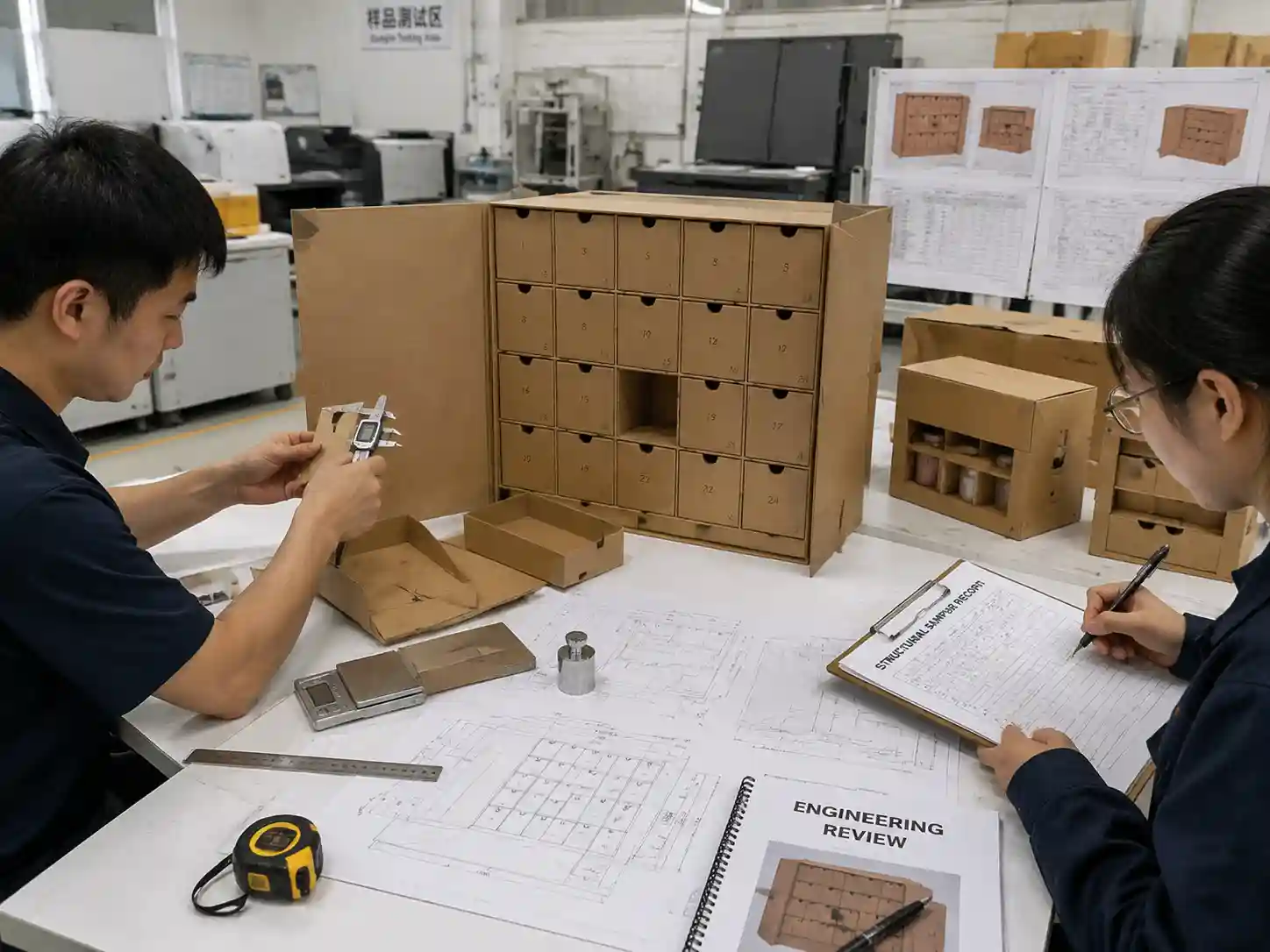 Packaging engineers testing blank structural samples with measurements, product loading checks, and structural drawings.