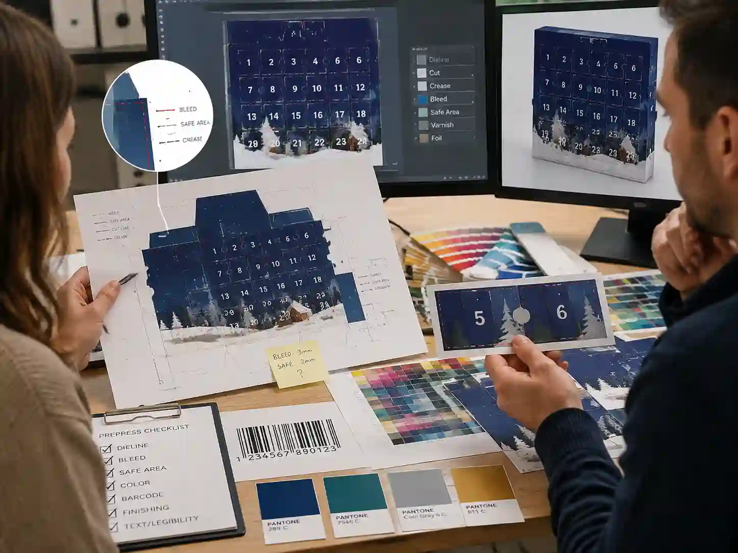 Packaging designers reviewing bleed and safe area setup for small advent calendar compartments with dielines and artwork proofs
