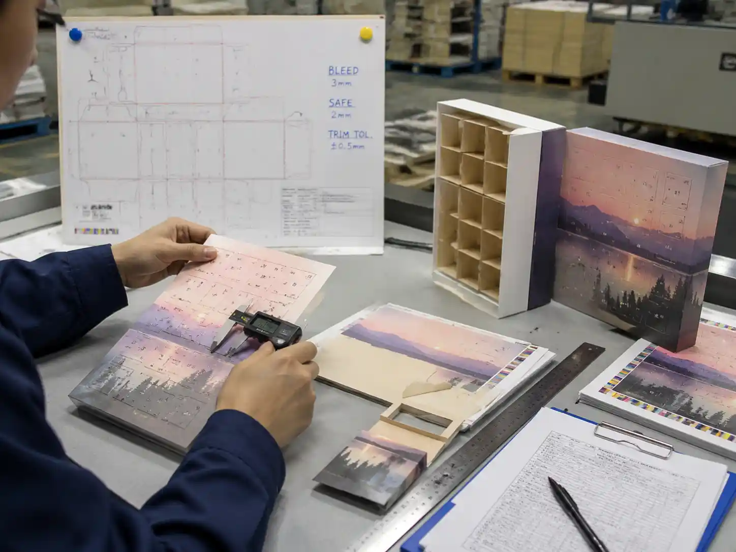 Packaging engineers checking printed samples and bleed tolerance for small calendar compartments during production validation