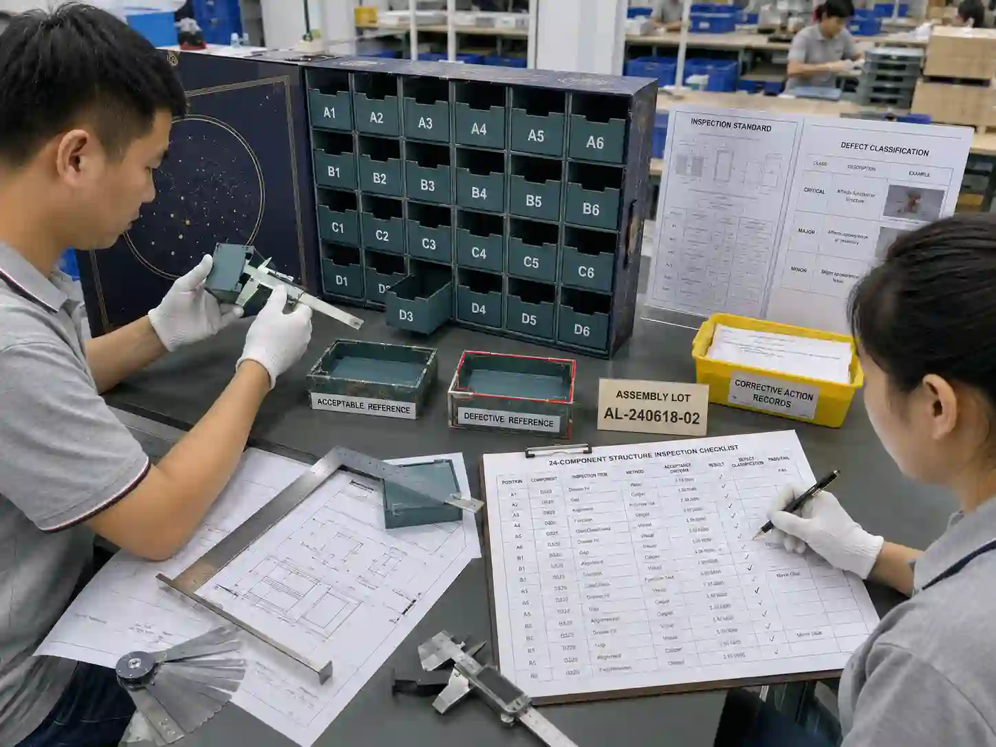 QC inspectors using a 24 component inspection checklist to measure and record drawer position defects on an advent calendar structure.