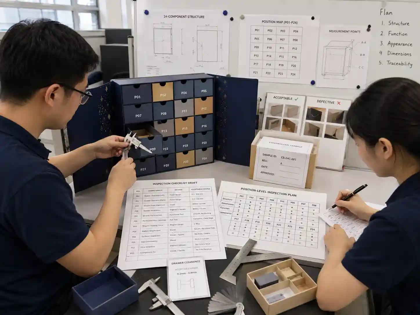 Packaging engineers mapping 24 advent calendar component positions to measurement methods and inspection acceptance criteria.