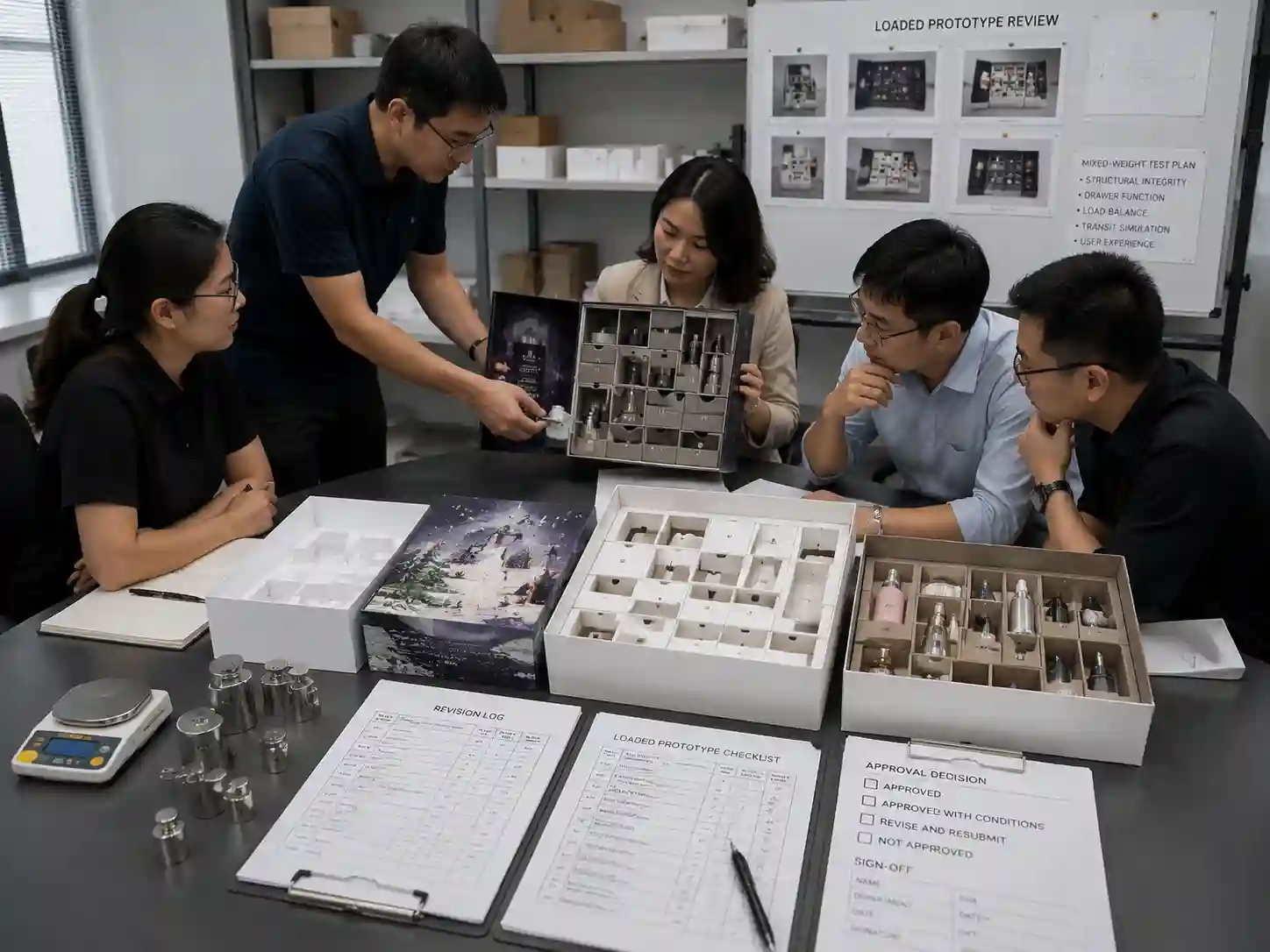 Packaging teams reviewing a loaded prototype with mixed-weight product samples and approval records.