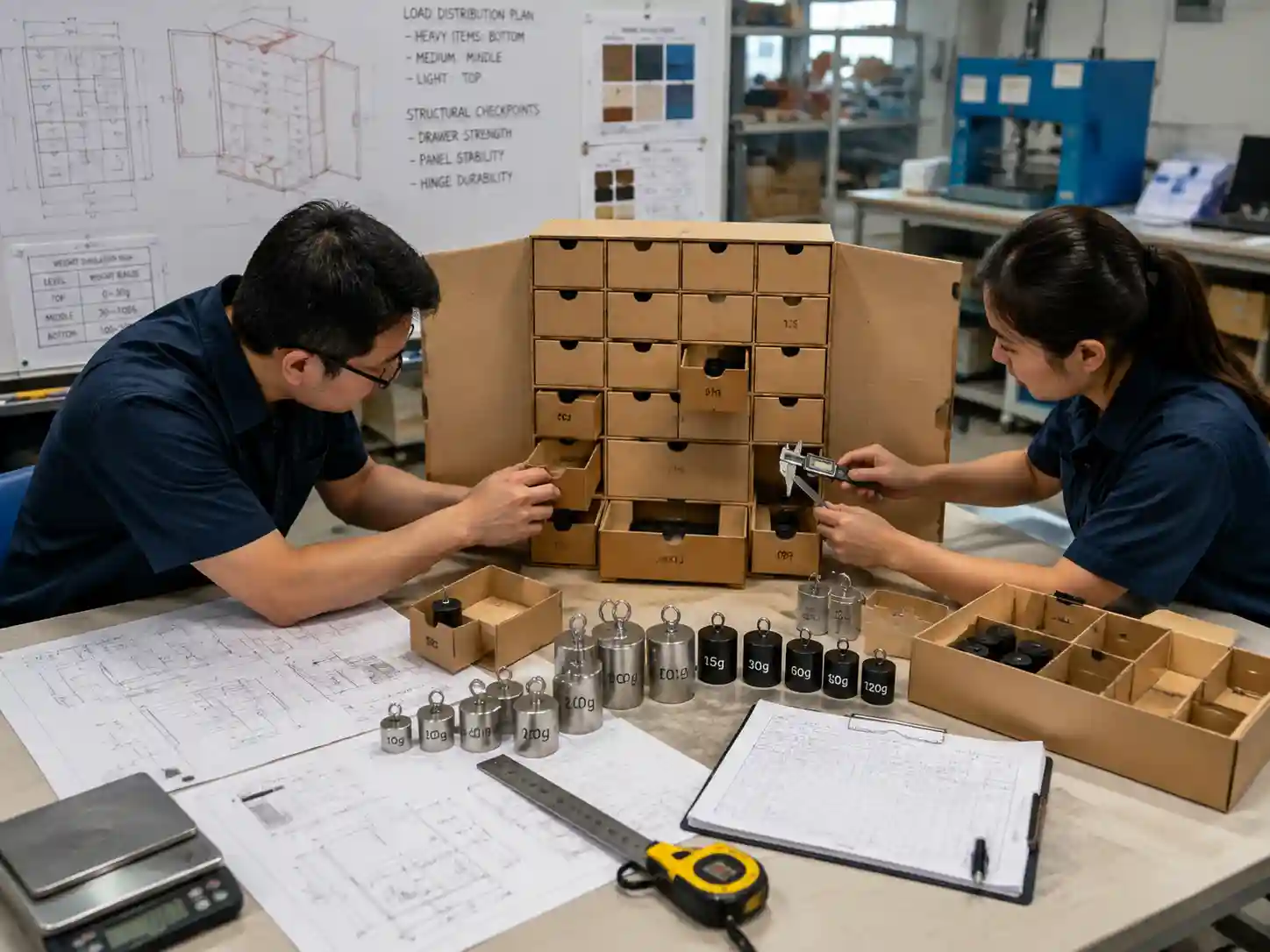 Packaging engineers testing a loaded prototype with mixed-weight product simulations.