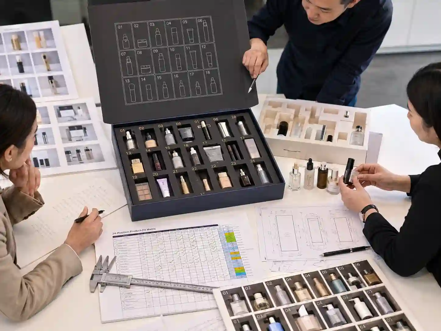 Packaging specialists reviewing a 24 SKU beauty product fit test in a loaded advent calendar prototype.