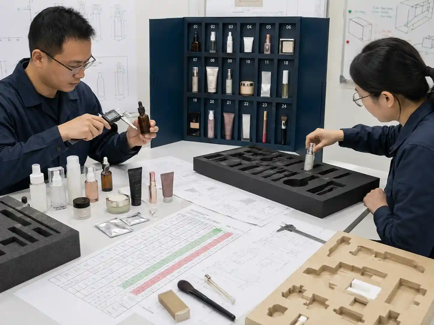 Engineers measuring and testing prototype cavities for 24 mixed beauty SKUs.