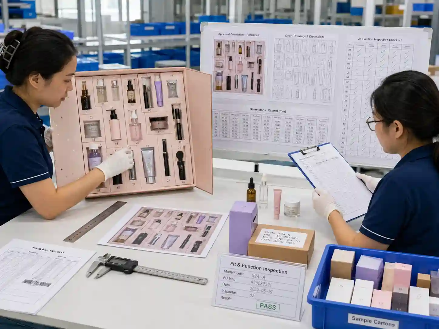 QC staff verifying a fully loaded 24-SKU beauty advent calendar against fit-test records.
