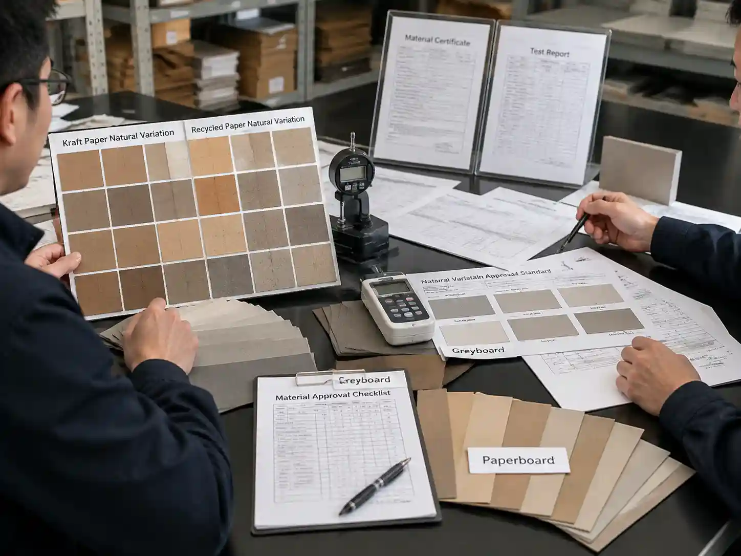 Packaging engineers reviewing kraft and recycled paper color variation approval samples with material records and measurement tools.