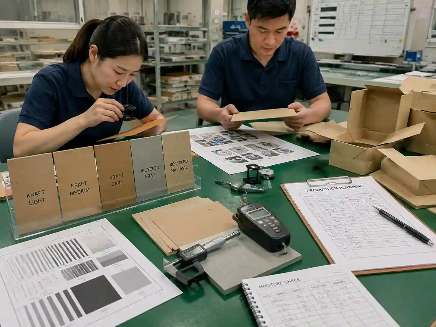 Technicians testing kraft and recycled paper samples for packaging appearance and production suitability.