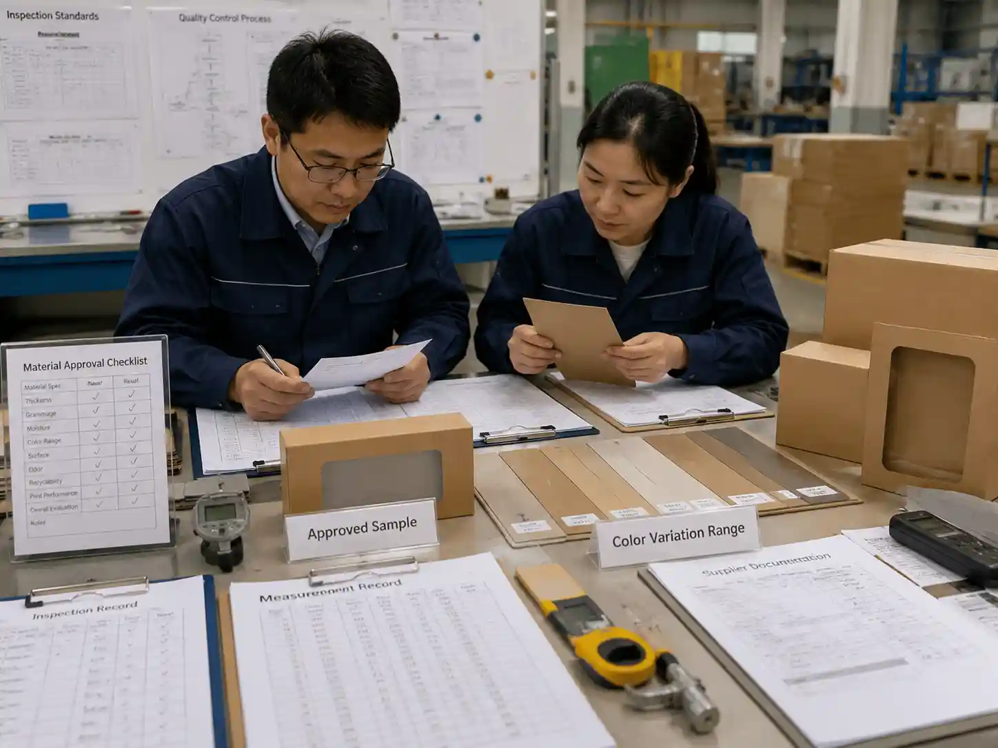 Quality control staff verifying approved kraft and recycled paper variation records and packaging material documentation.