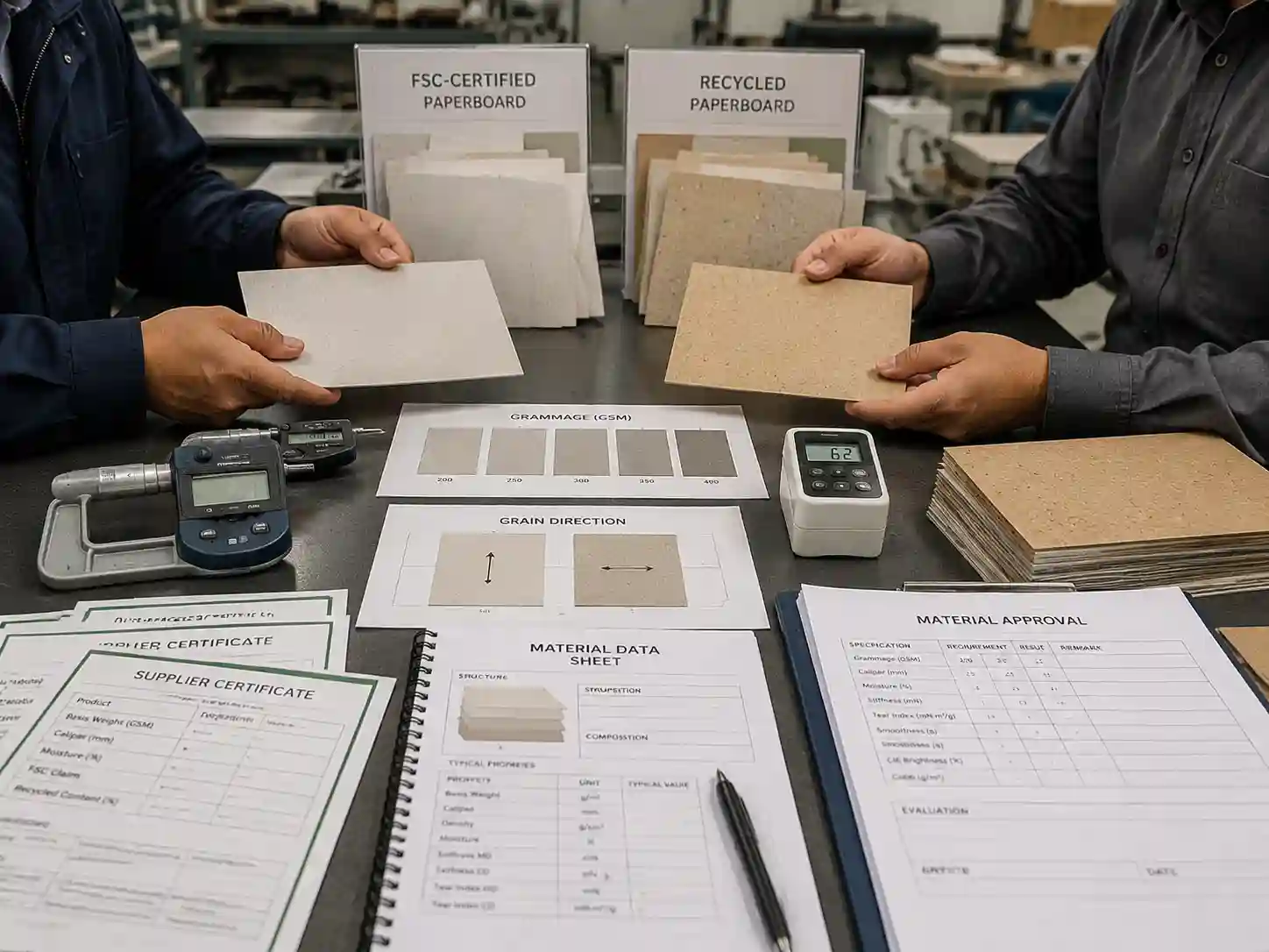 Packaging engineers comparing FSC-certified and recycled paperboard materials with samples and supplier evidence documents.