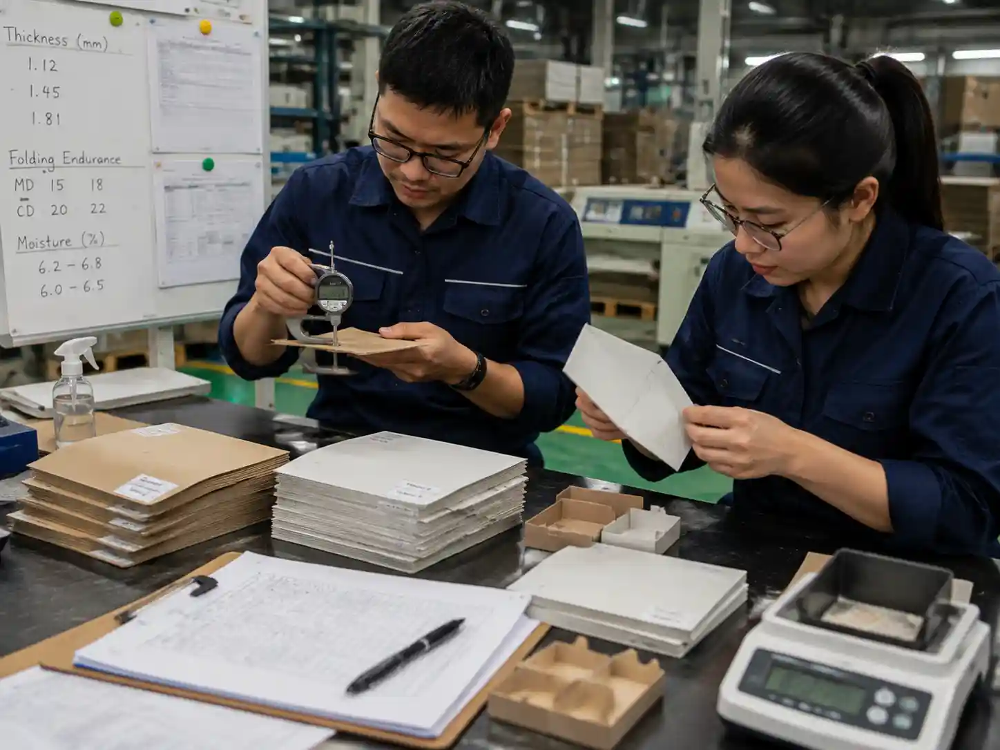 Technicians testing FSC-certified and recycled paperboard samples for packaging performance and material behavior.