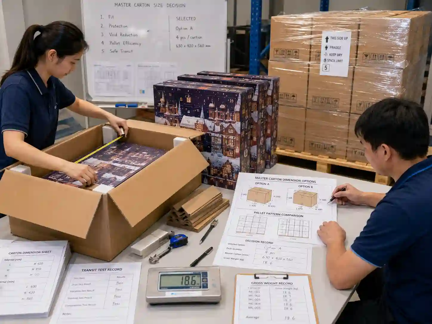 Packaging team calculating master carton size for fully assembled advent calendars using carton measurements and pallet plans.