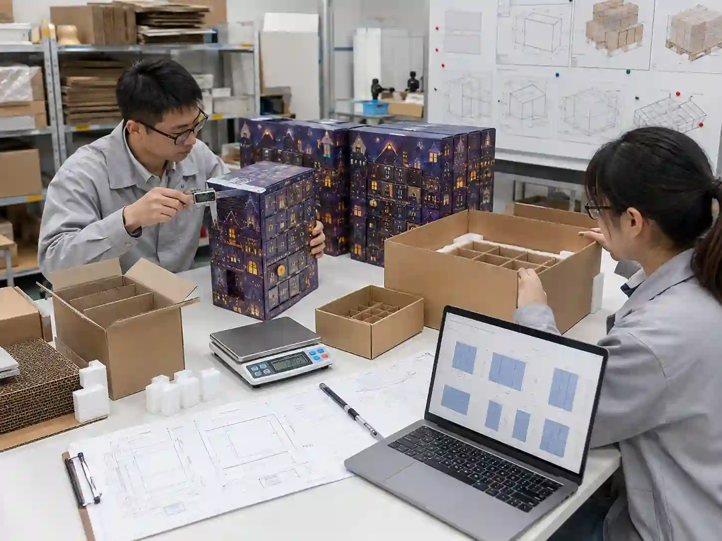 Packaging engineers testing master carton dimensions and packing patterns for assembled advent calendar boxes.