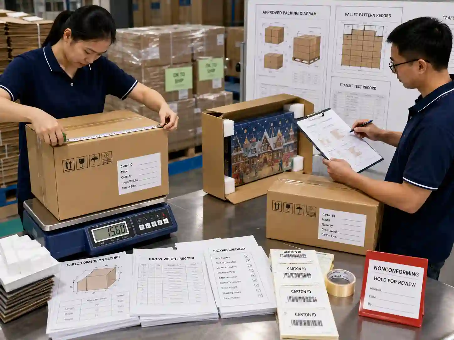 QC staff verifying assembled advent calendar master carton dimensions, weight, packing configuration, and pallet records before shipment.