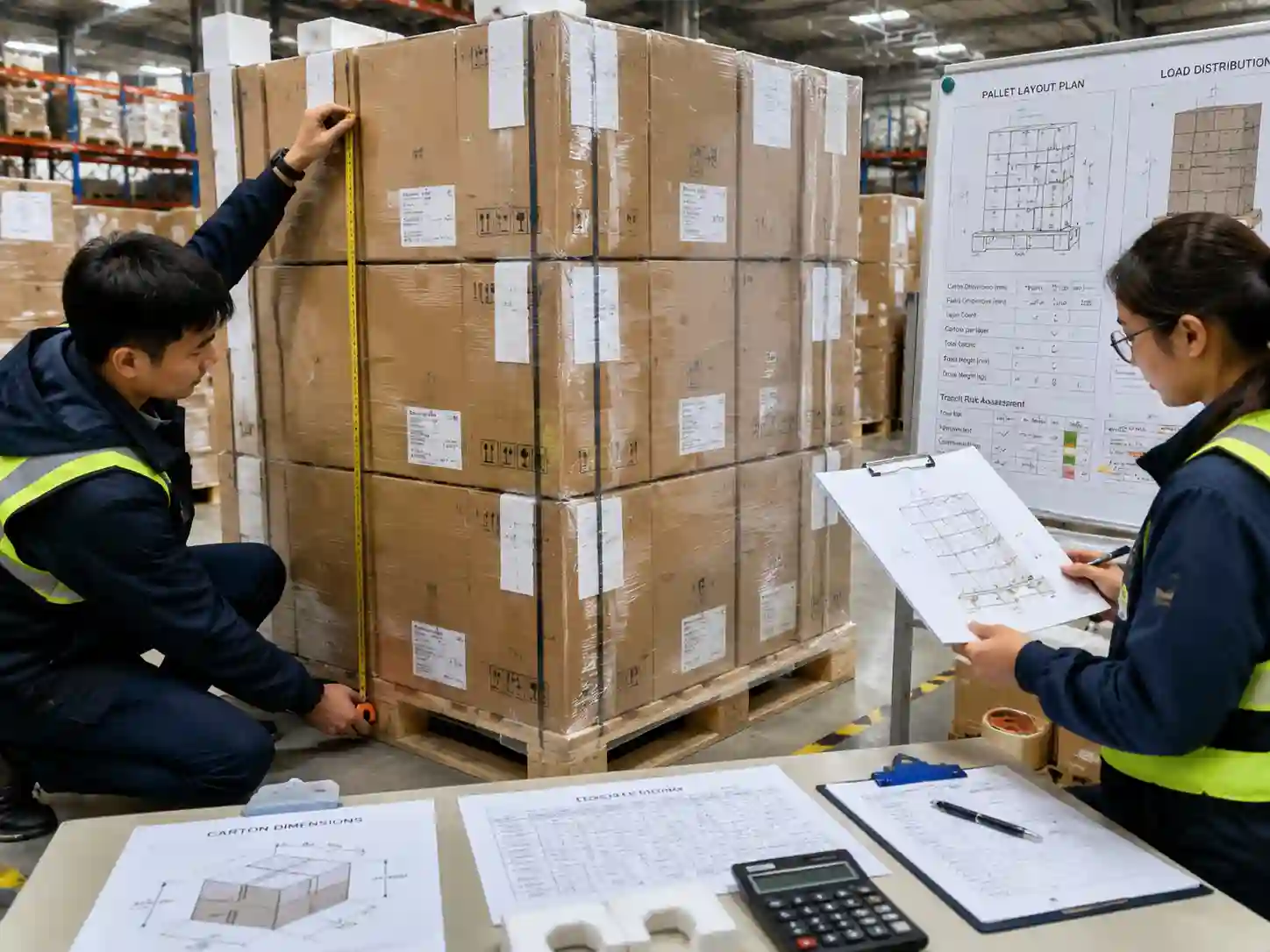 Packaging specialists verifying retail distribution pallet height using master cartons, pallet plans, and measurement records.