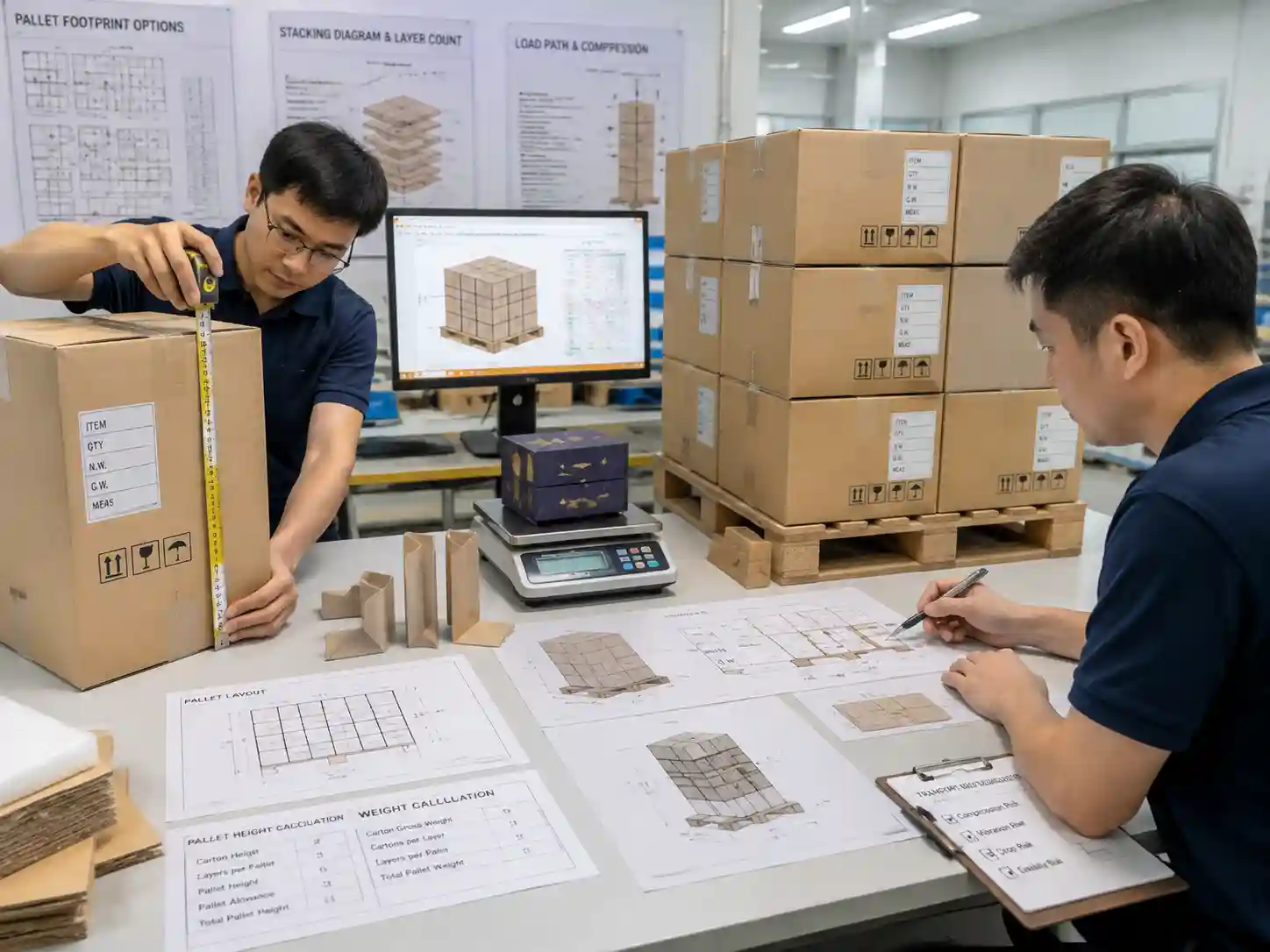 Packaging engineers validating pallet height calculations with carton measurements, drawings, and stacking plans.