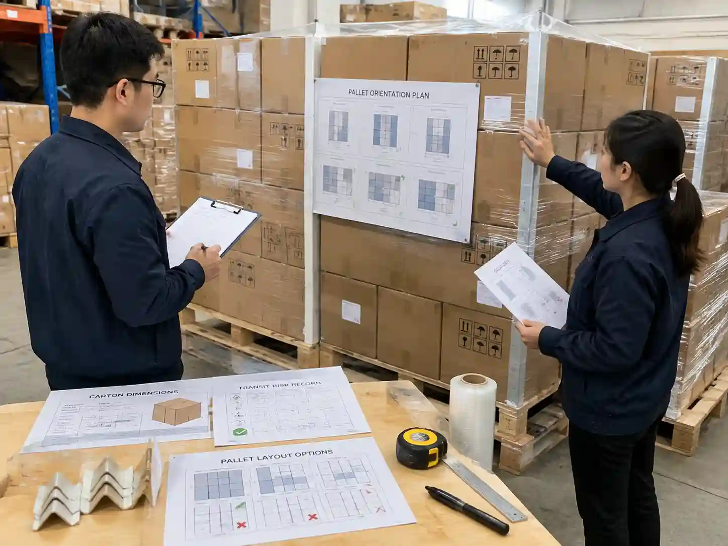 Packaging specialists reviewing master carton pallet orientation with pallet plans, carton alignment checks, and export shipping records.