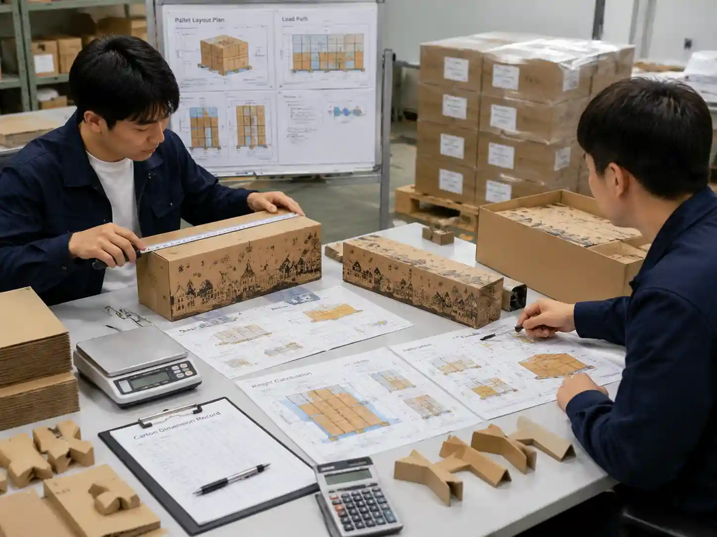 Packaging engineers testing carton orientation and pallet layout using measurements, samples, and stacking plans.