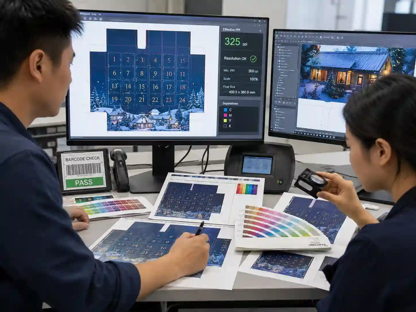Packaging designers checking image resolution at final printed size during artwork preflight.