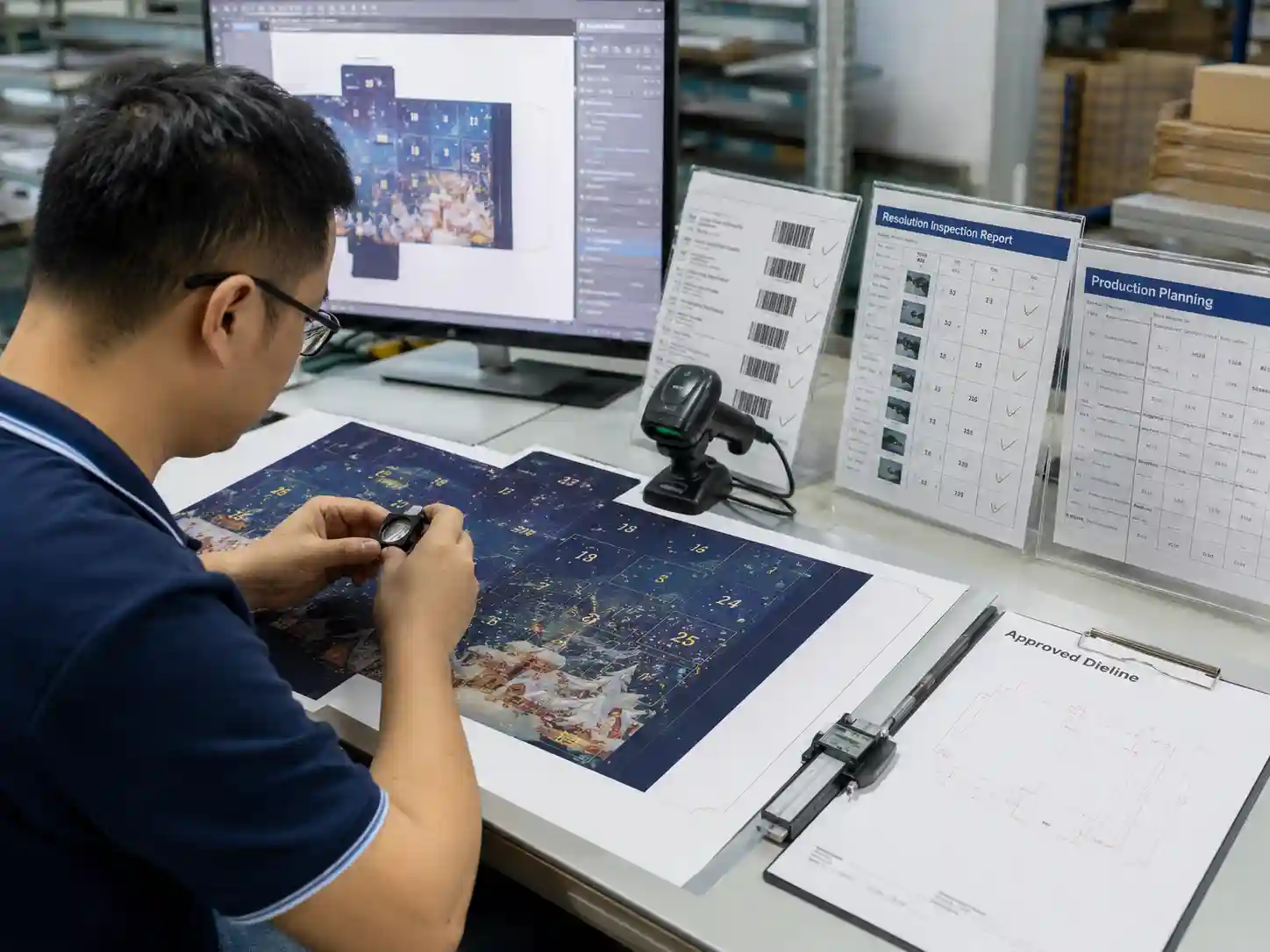 Packaging engineers validating printed proof image resolution before sampling.