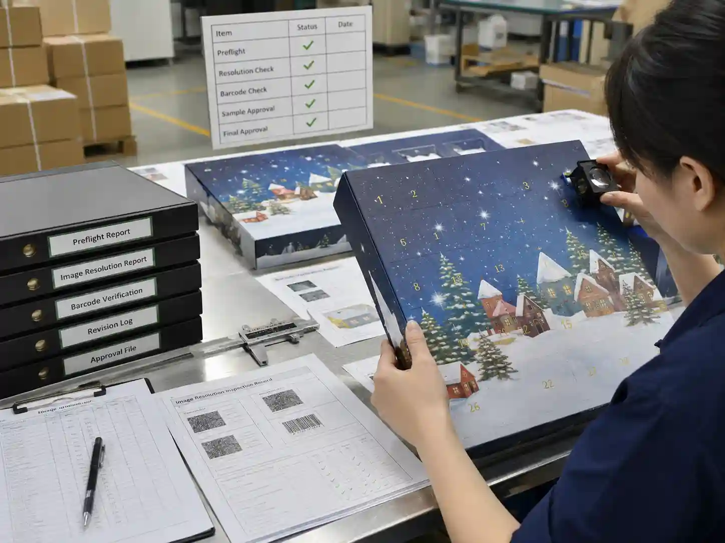 Quality control inspection of image resolution verification records before packaging production.