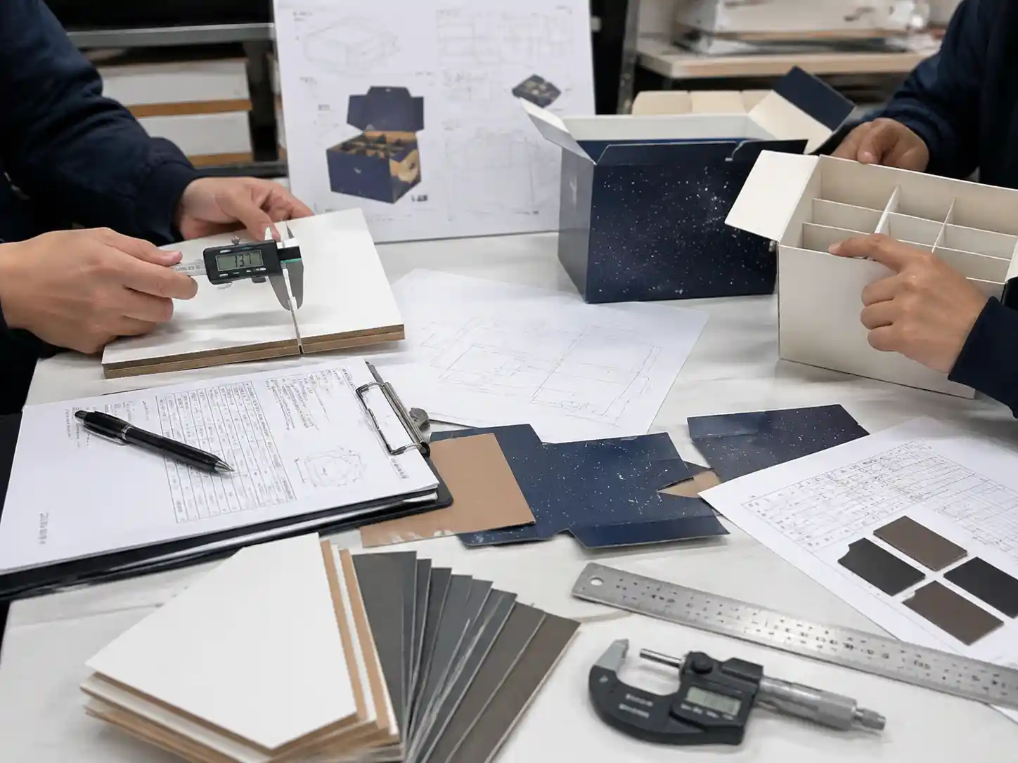 Packaging engineers measuring materials and reviewing samples to verify low quote specifications