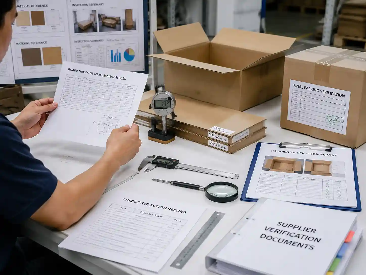 Quality control staff checking packaging records and measurements for hidden low quote changes