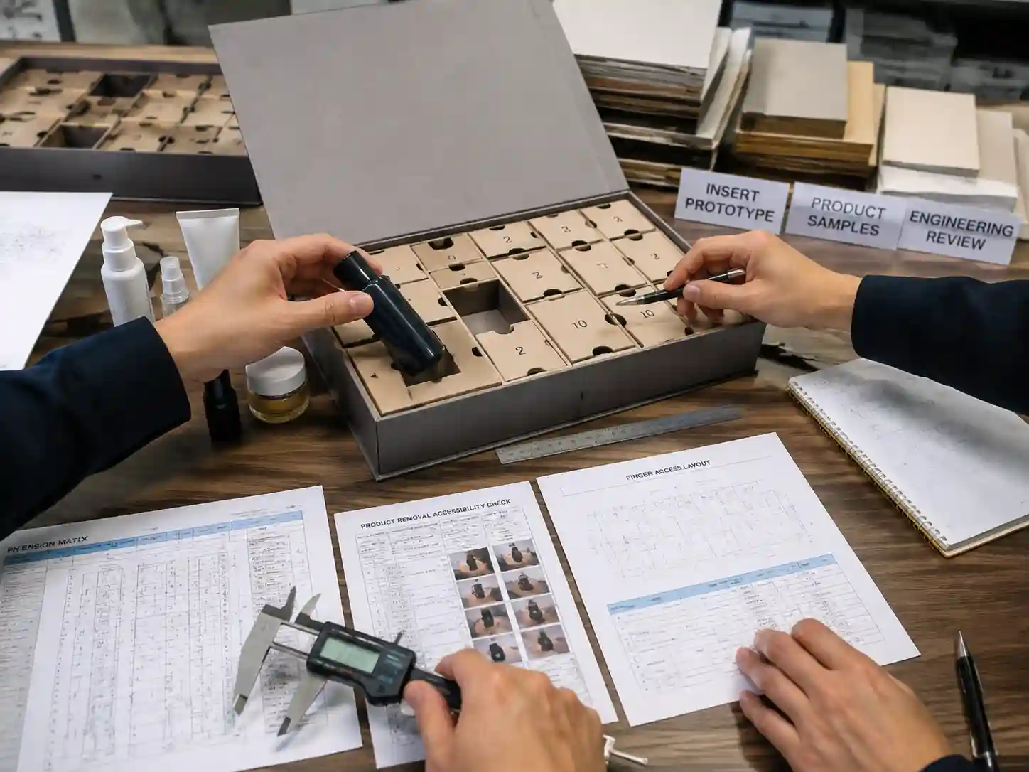 Packaging engineers performing product removal accessibility testing on advent calendar insert prototypes.