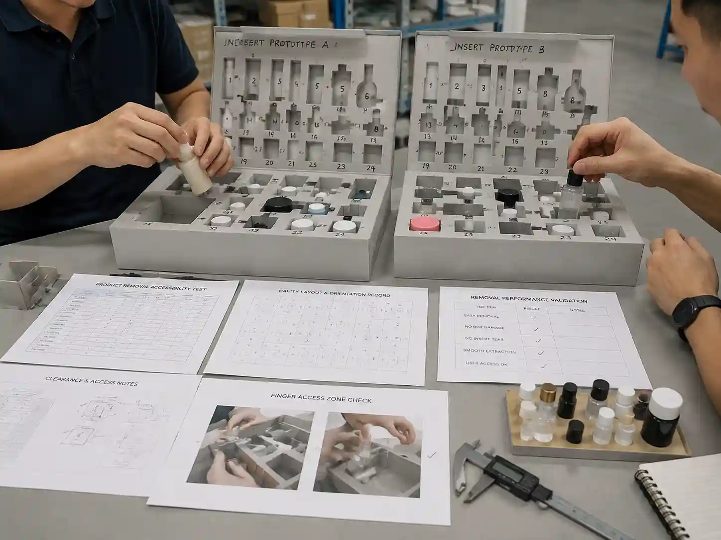 Engineers validating product removal accessibility using loaded advent calendar prototypes.