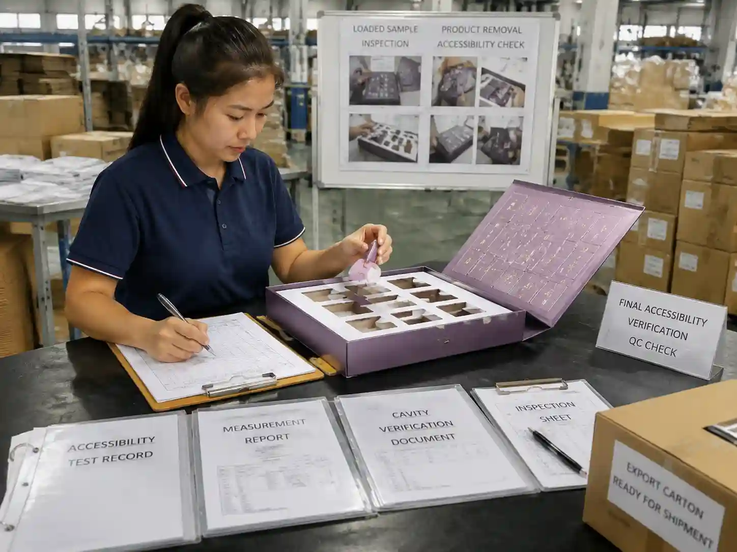 Quality control team verifying product removal accessibility documentation before production approval.