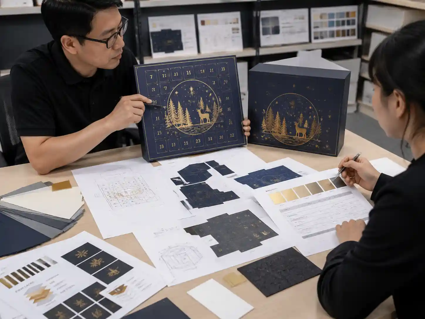 Packaging designers reviewing embossing and foil registration samples for advent calendar finishing
