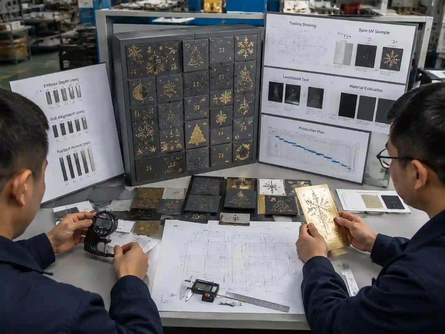 Packaging engineers testing foil and emboss combination registration during sample development