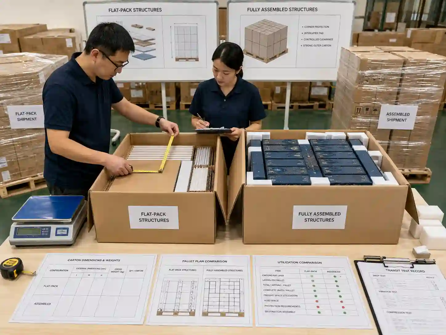 Packaging team comparing flat-pack and assembled advent calendar master carton utilization and pallet patterns.