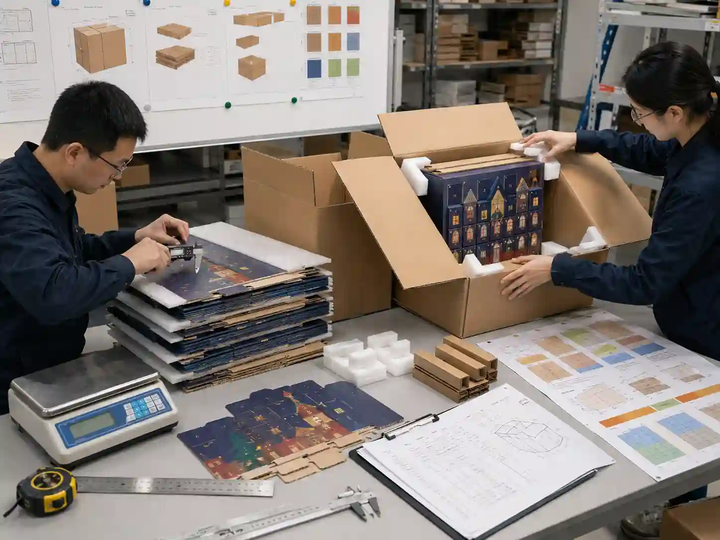 Packaging engineers testing flat-pack and assembled advent calendar carton configurations before production.