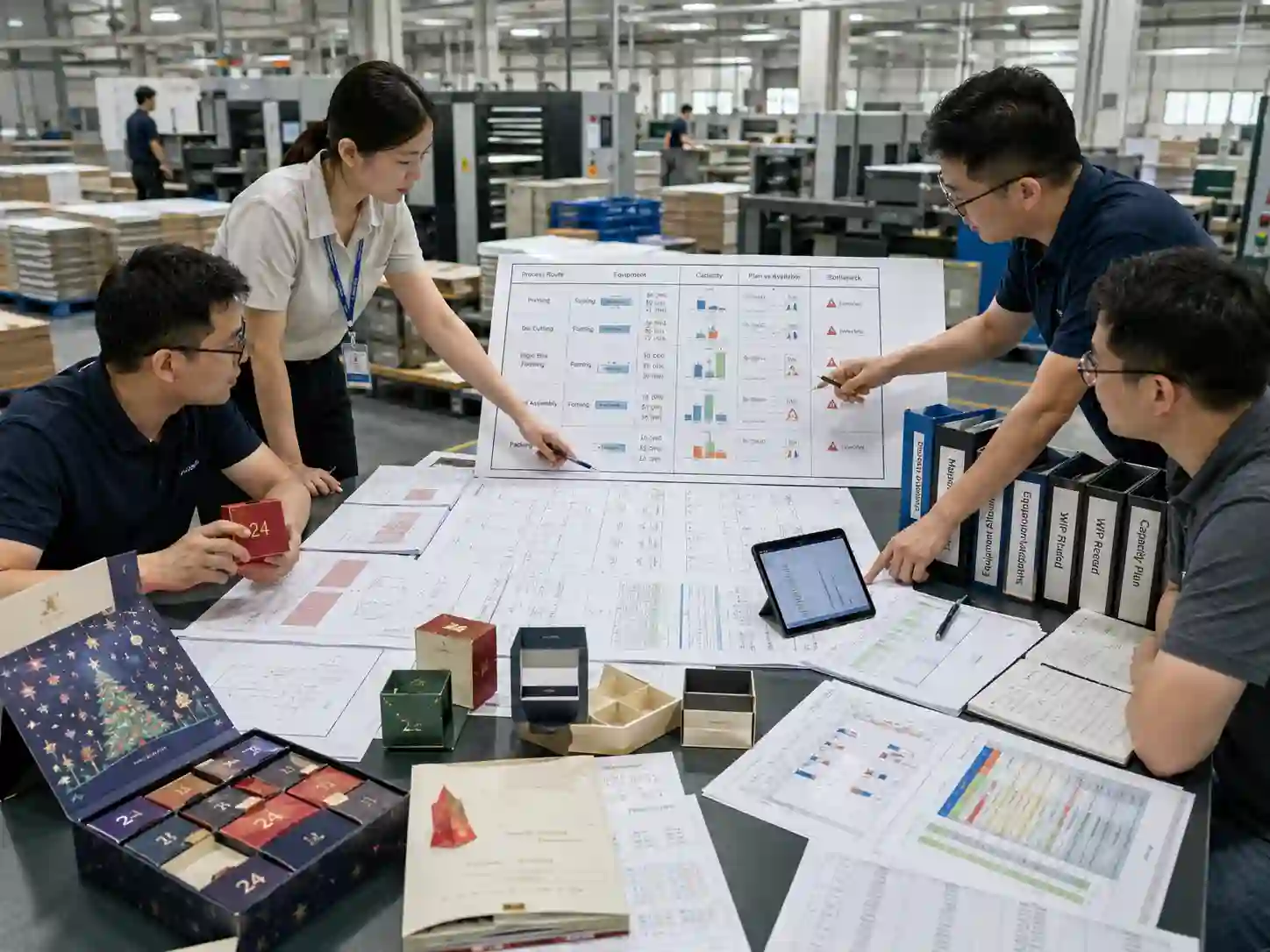 Packaging engineers verify advent calendar production routing, equipment allocation and available factory capacity against the promised lead time.
