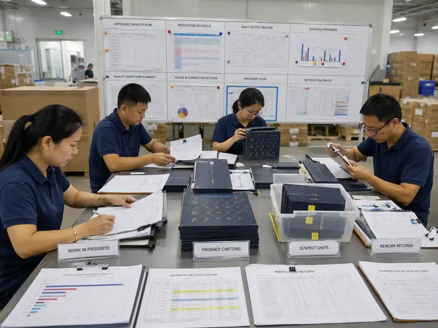 Quality staff verify actual packaging production output, inspection status and corrective-action records against the factory capacity plan.
