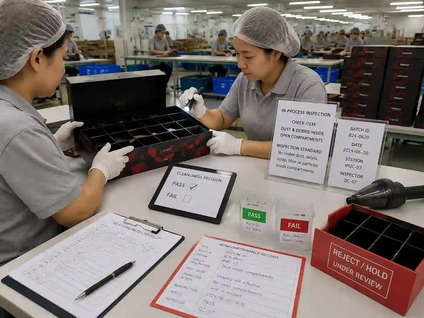 QC inspectors checking dust and debris inside open advent calendar compartments during production inspection