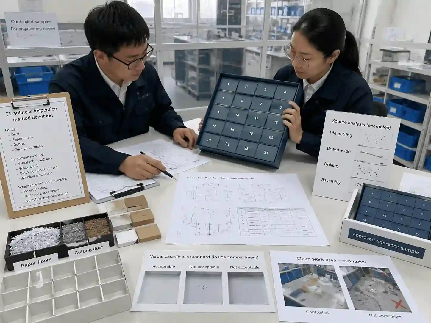 Packaging engineers defining dust and debris inspection methods for open compartment calendar boxes