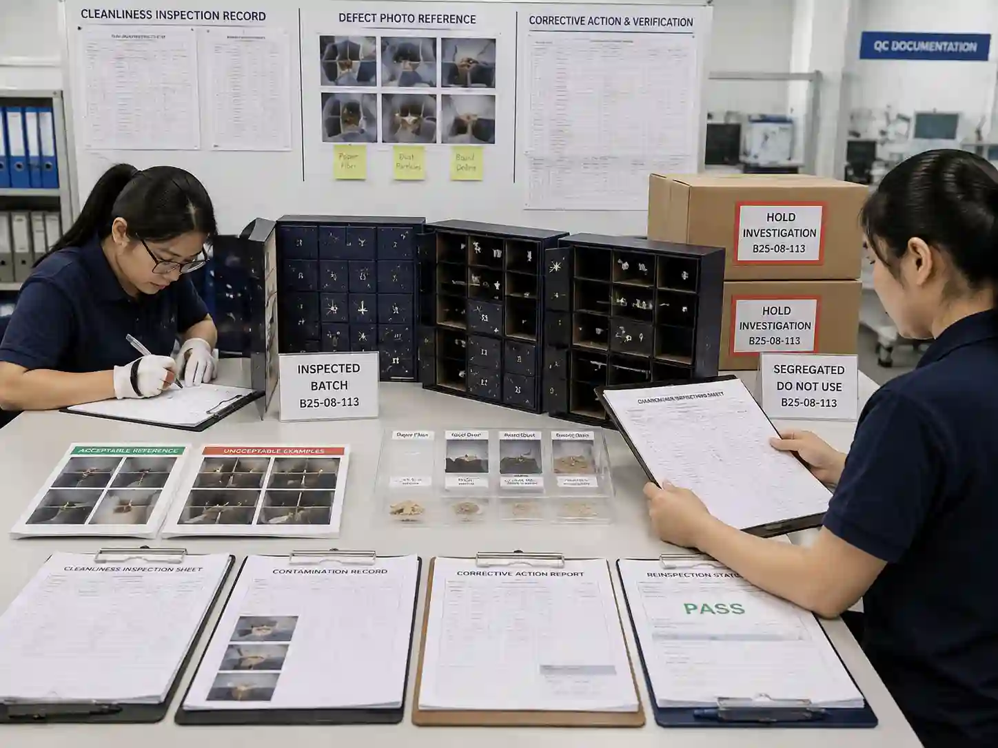 QC documentation review showing traceability records for compartment dust and debris control