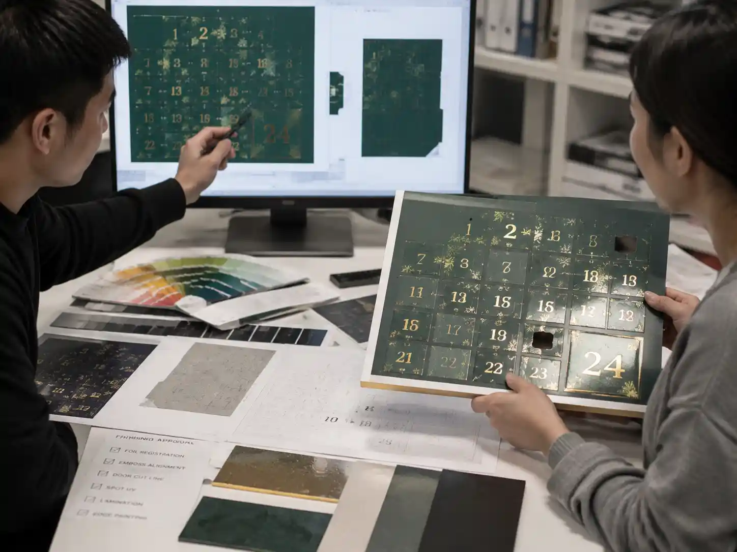 Packaging designers reviewing foil registration around numbered advent calendar doors with finishing samples and dielines