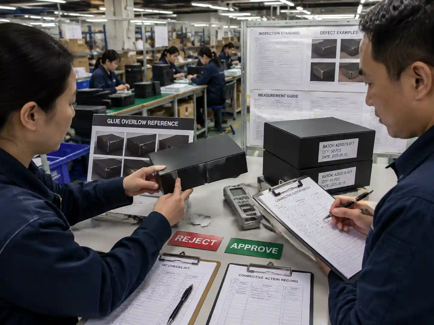 Quality inspectors checking glue overflow defects on wrapped rigid boxes during packaging QC